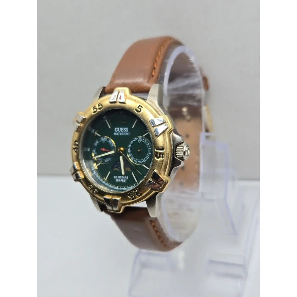 Guess Waterpro Mens Watch 39mm Moonphase Day Date Green Dial Vtg 50m New Battery